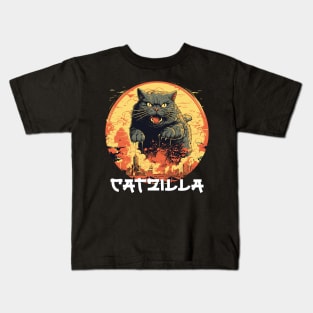 Catzilla Japanese Sunset Funny Cat Parody Vintage Catzilla Kids T-Shirt